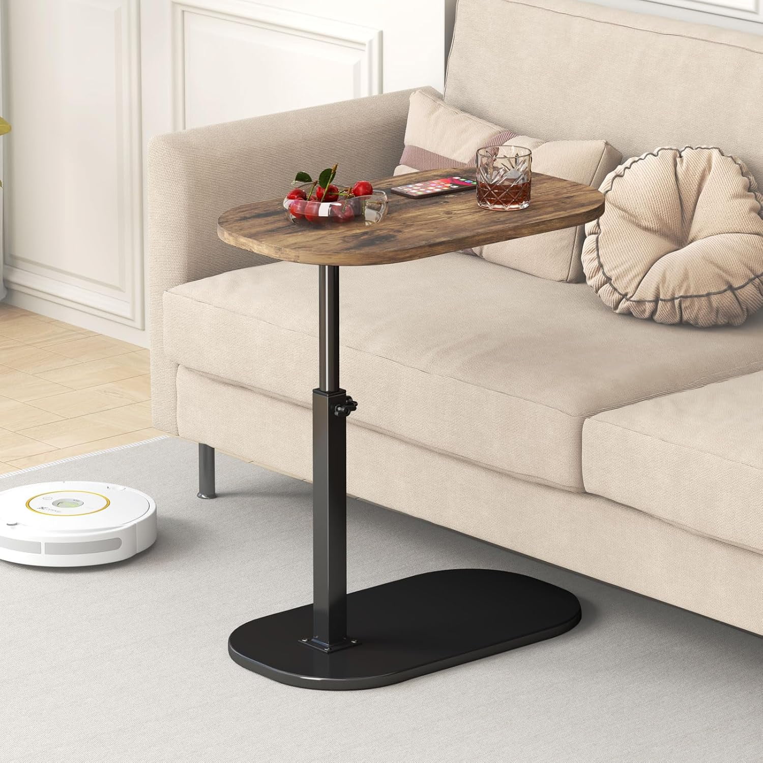 Shaped Side Table, Adjustable Height C Shaped End Table, 360°Swivel