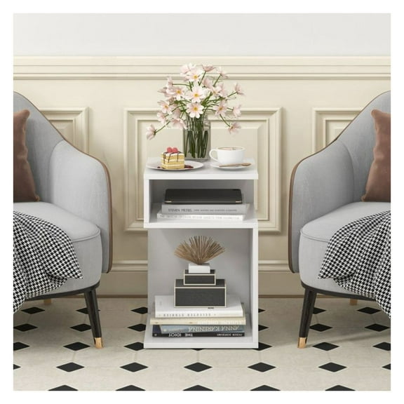 -Shaped Side Table with Storage, White Nightstand End Table, Modern Sofa Table with Open Compartments, Compact Living Room Furniture, 13x13x20 Inch