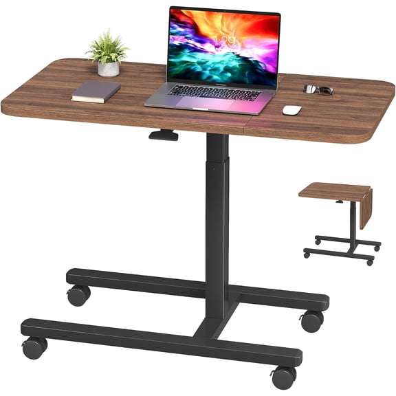 Shaped Table with Wheels, Side End Table with Extended Desktop, Adjustable Rolling Desk for Small Space, Dorm, Height Adjustment (29.5"-44"), Walnut Brown