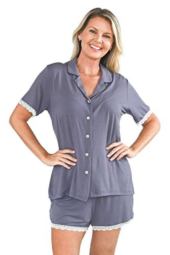 Women's Bamboo Fabric Pajama Short Set for Summer Breathable, Softer and Moisture Wicking, Non-Binding Elastic Waistband with White Lace Sleepwear, Grey (M)