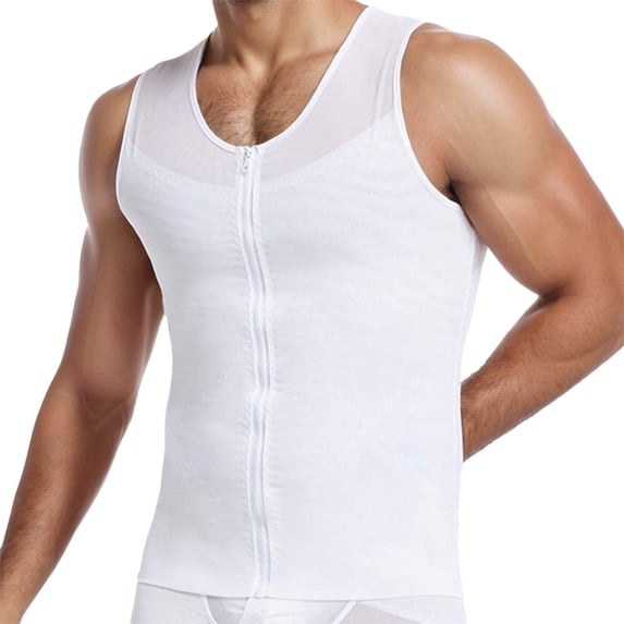 Shaperluv For Men Shirt Hide Gynecomastia Moobs Shapewear Breathable Mesh Stretch Tummy Control Zipper Vest Shapewear Top,White,L
