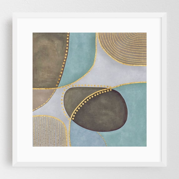 Shapes Mid Century Art Teal Grey Gold - Painting Abstract Geometric Modern Art Minimalist Pastel Mid-Century Modern Art Deco White Framed Wall Art Print 8 x 8 inches