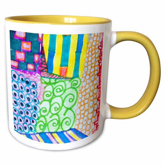 3drose, Shapes Sketched in Bright Colors, 11oz Two-tone Yellow Mug