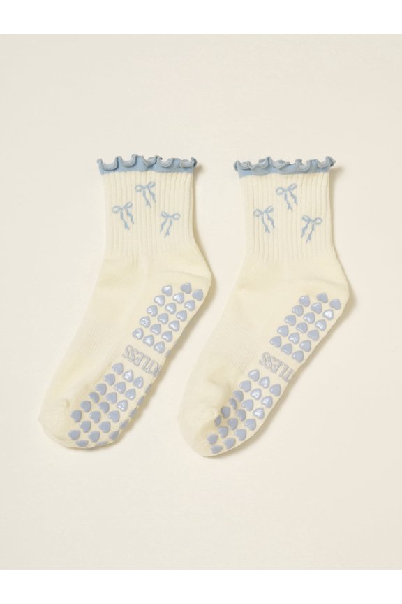 Crew Half Calf Grip Socks, Cutest Fruits Pilates Socks, Ruffle socks, Non-Slip, Barre Yoga Fitness (US, Numeric, 5, 10, Regular, Regular, Blue bow, Effortless Club)