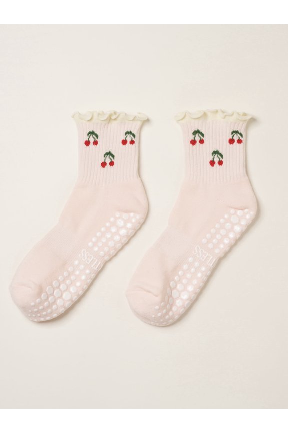 Crew Half Calf Grip Socks, Cutest Fruits Pilates Socks, Ruffle socks, Non-Slip, Barre Yoga Fitness (US, Numeric, 5, 10, Regular, Regular, Cherry Printed, Effortless Club)