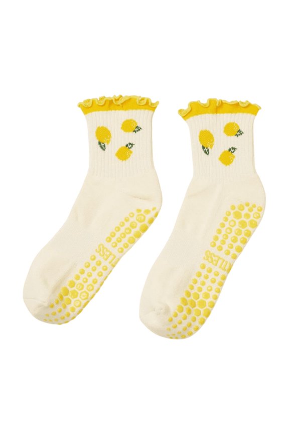 Crew Half Calf Grip Socks, Cutest Fruits Pilates Socks, Ruffle socks, Non-Slip, Barre Yoga Fitness (US, Numeric, 5, 10, Regular, Regular, Lemon, Effortless Club)