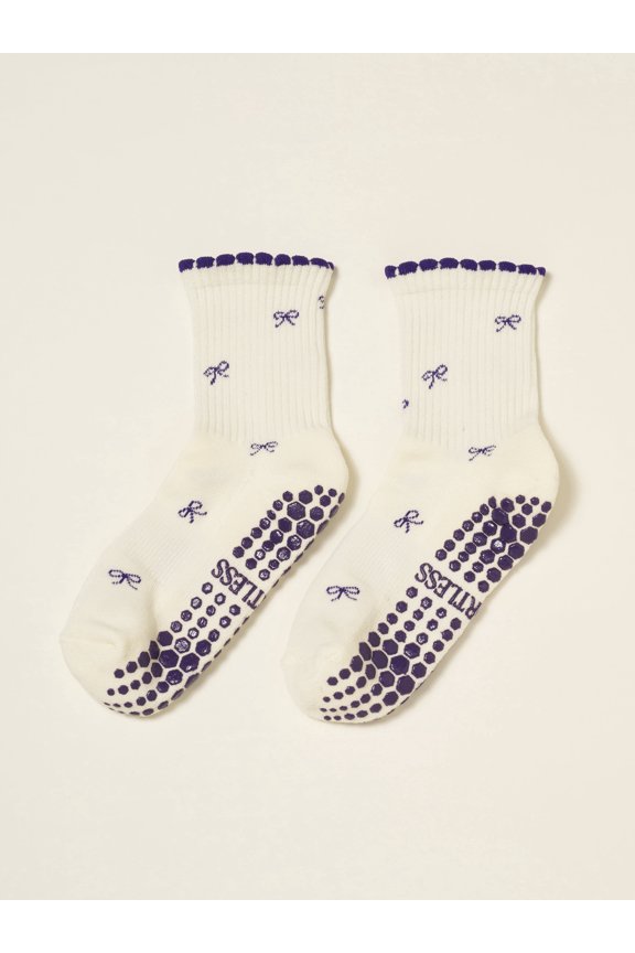 Crew Half Calf Grip Socks, Cutest Fruits Pilates Socks, Ruffle socks, Non-Slip, Barre Yoga Fitness (US, Numeric, 5, 10, Regular, Regular, Mini Bow (Indigo), Effortless Club)