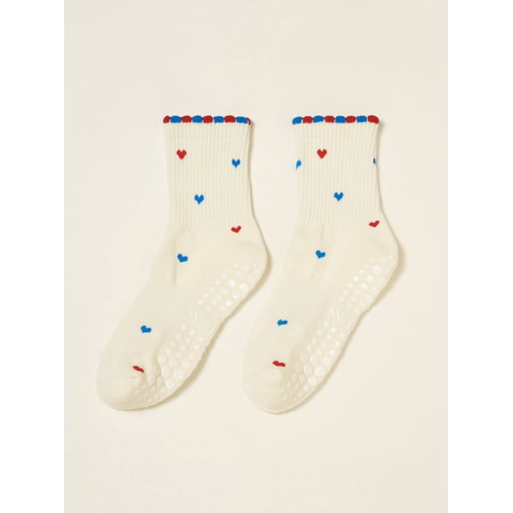 Shapes Studio Crew Half Calf Grip Socks, Cutest Fruits Pilates Socks, Ruffle socks, Non-Slip, Barre Yoga Fitness (US, Numeric, 5, 10, Regular, Regular, Mini Hearts USA, Effortless Club)