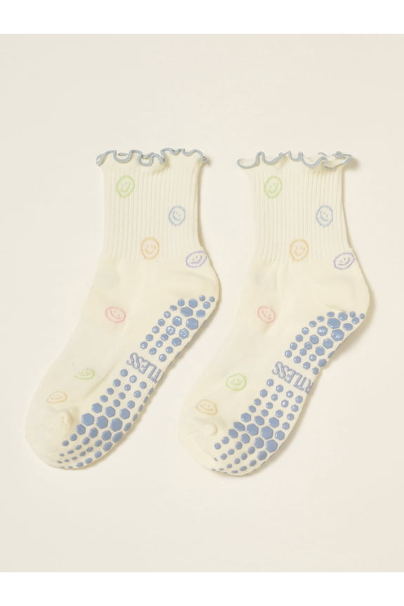 Crew Half Calf Grip Socks, Cutest Fruits Pilates Socks, Ruffle socks, Non-Slip, Barre Yoga Fitness (US, Numeric, 5, 10, Regular, Regular, Smiley face, Effortless Club)