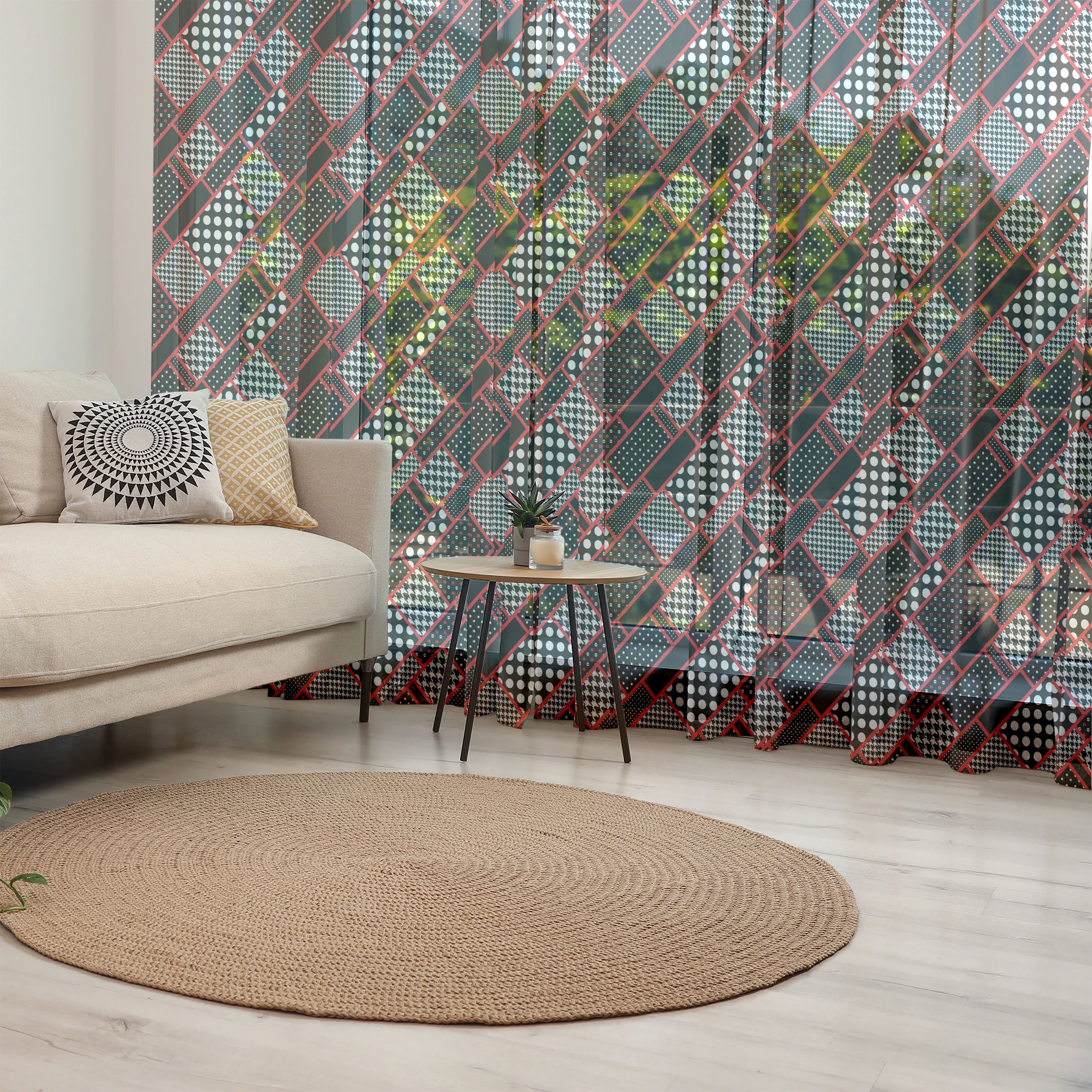 Rectangular Curtains Shapes Tulle Curtains with Rod Pocket, Geometric Rectangle Frames Retro ...