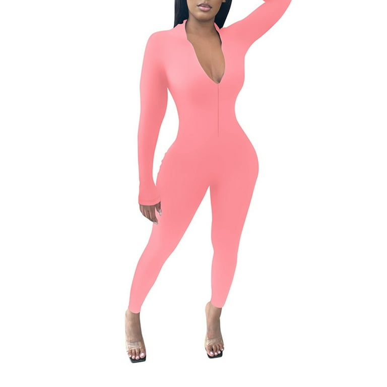 Shapewear Bodysuit For Women Tummy Control Solid Color Tight Zipper One  Piece Jumpsuits For Women Pink L 