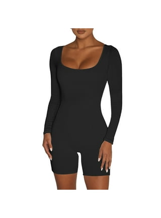 Shapewear Bodysuit For Women Tummy Control Yoga Exercise Ribbed Long  Sleeved Sports One Piece Jumpsuits For Women Black L 
