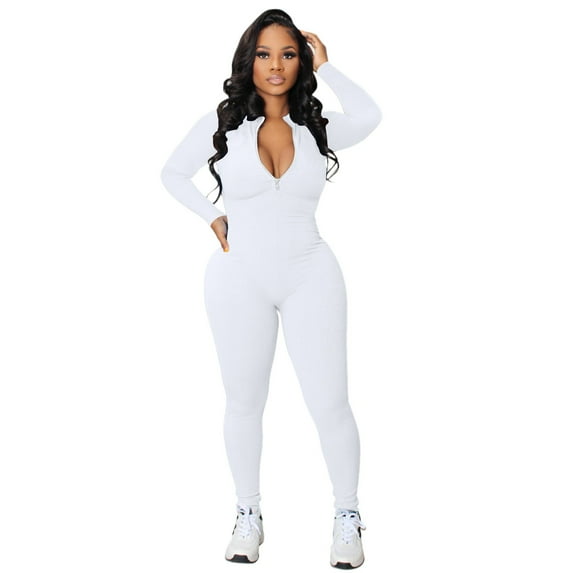Shapewear Bodysuit For Women Tummy Control Zipper V Neck Long Sleeve Rompers Catsuit Sport One Piece Jumpsuits For Women White XL