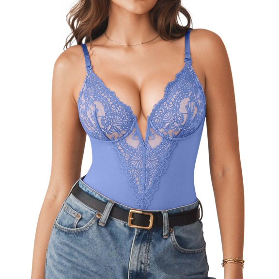 Shapewear Bodysuits for Women Lace Corset Tops Tummy Control V Neck Sleeveless Body Suit Thongs
