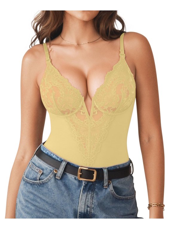 Shapewear Bodysuits for Women Lace Corset Tops Tummy Control V Neck Sleeveless Body Suit Thongs