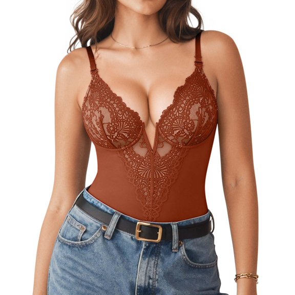 Shapewear Bodysuits for Women Lace Corset Tops Tummy Control V Neck Sleeveless Body Suit Thongs