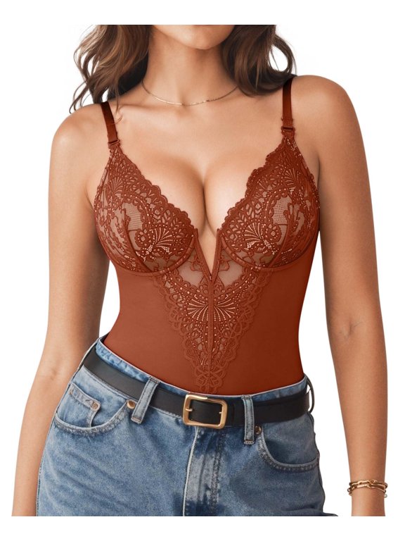 Shapewear Bodysuits for Women Lace Corset Tops Tummy Control V Neck Sleeveless Body Suit Thongs