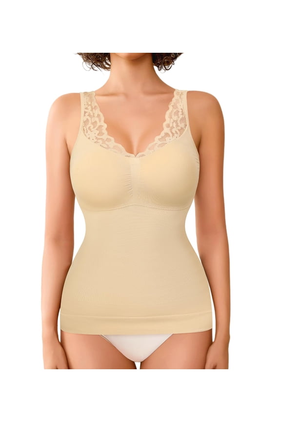 Shapewear Camisole With Built-In Bra V-Neck Tank Top Standard Beige