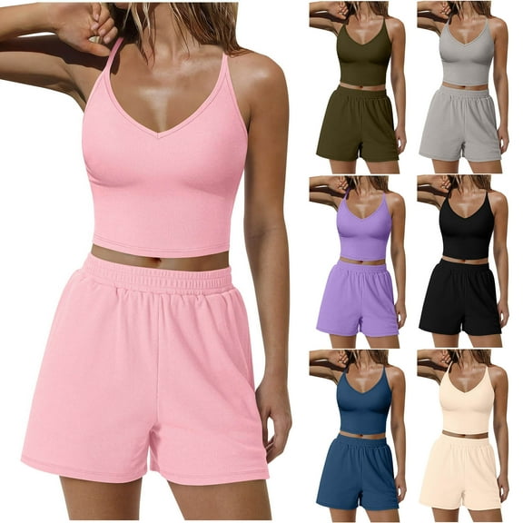 Shapewear Shorts for Women Fashion Casual Comfortable Solid Sleeveless V-Neck Blouse T-Shirt Short Pants Pink,M