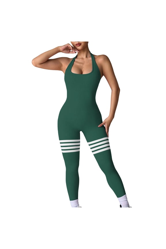 Shapewear for Women Halter Ribbed Striped Butt Lifting Full Body Shaper Workout Bodysuit for Yoga Pilates M