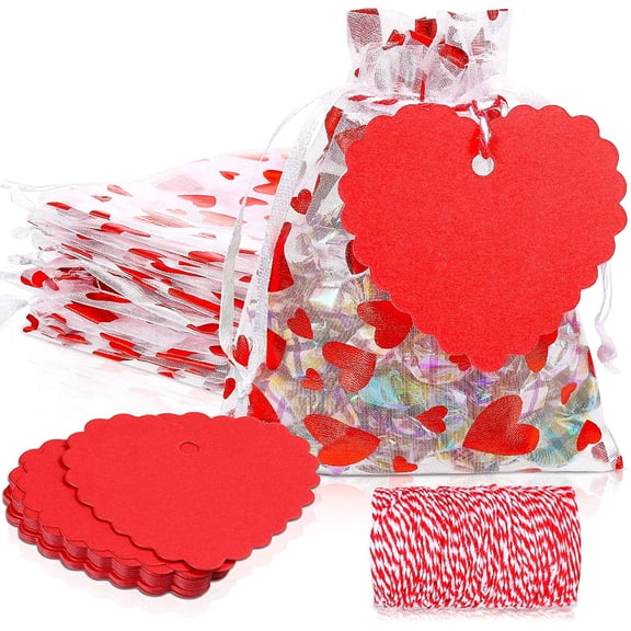 Shappy 30 Pcs Valentines Day Organza Bags and 30 Pcs Kraft Paper Tags Red Heart Valentine Treat Candy Bag Drawstring Pouches Love Heart Paper Tag Name Labels with String for Present (4 x 5 Inch)