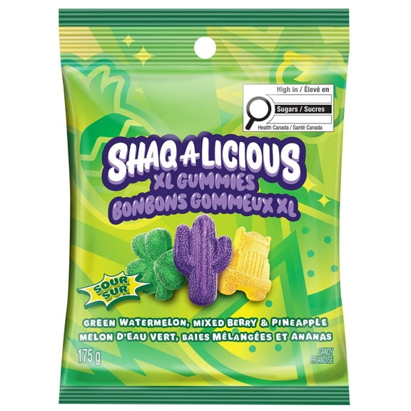 Shaq A Licious XL Sour Gummies Candy, Green Watermelon, Mixed Berry & Pineapple Flavors, 175g/6.2 oz