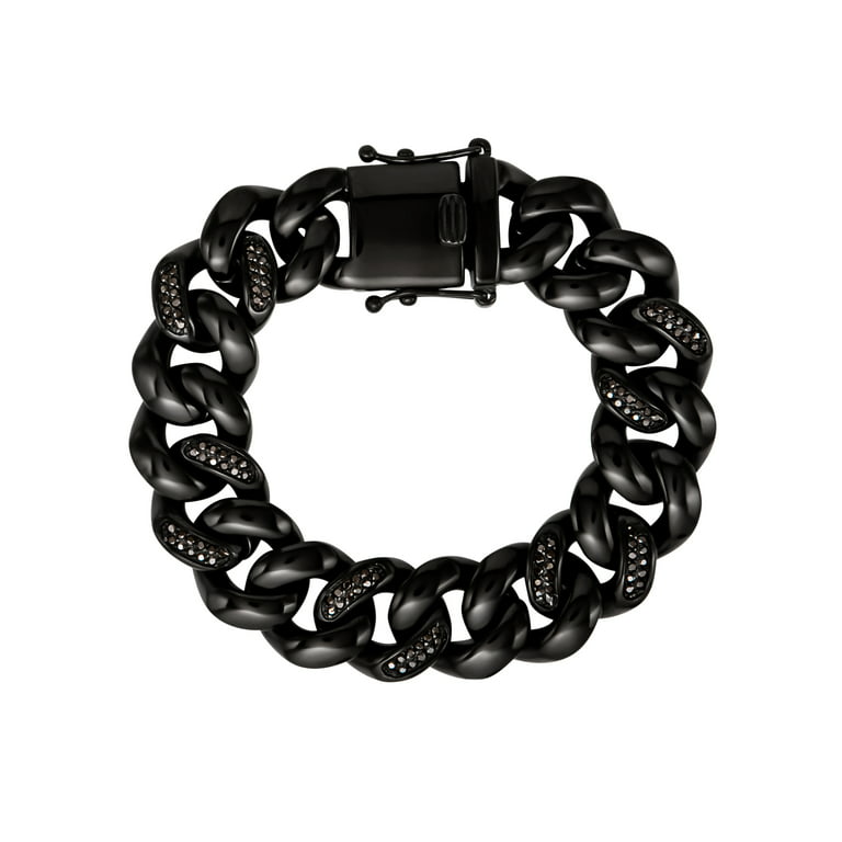 Mens Black Leather and Black Stainless Steel Bracelet with Cubic Zirconia