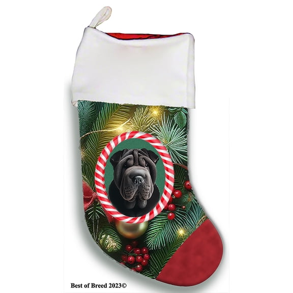 Shar Pei Black - Best of Breed Christmas Stocking 13.5" Red Gaming Cloth with Red Lining ,Plush White Cuff