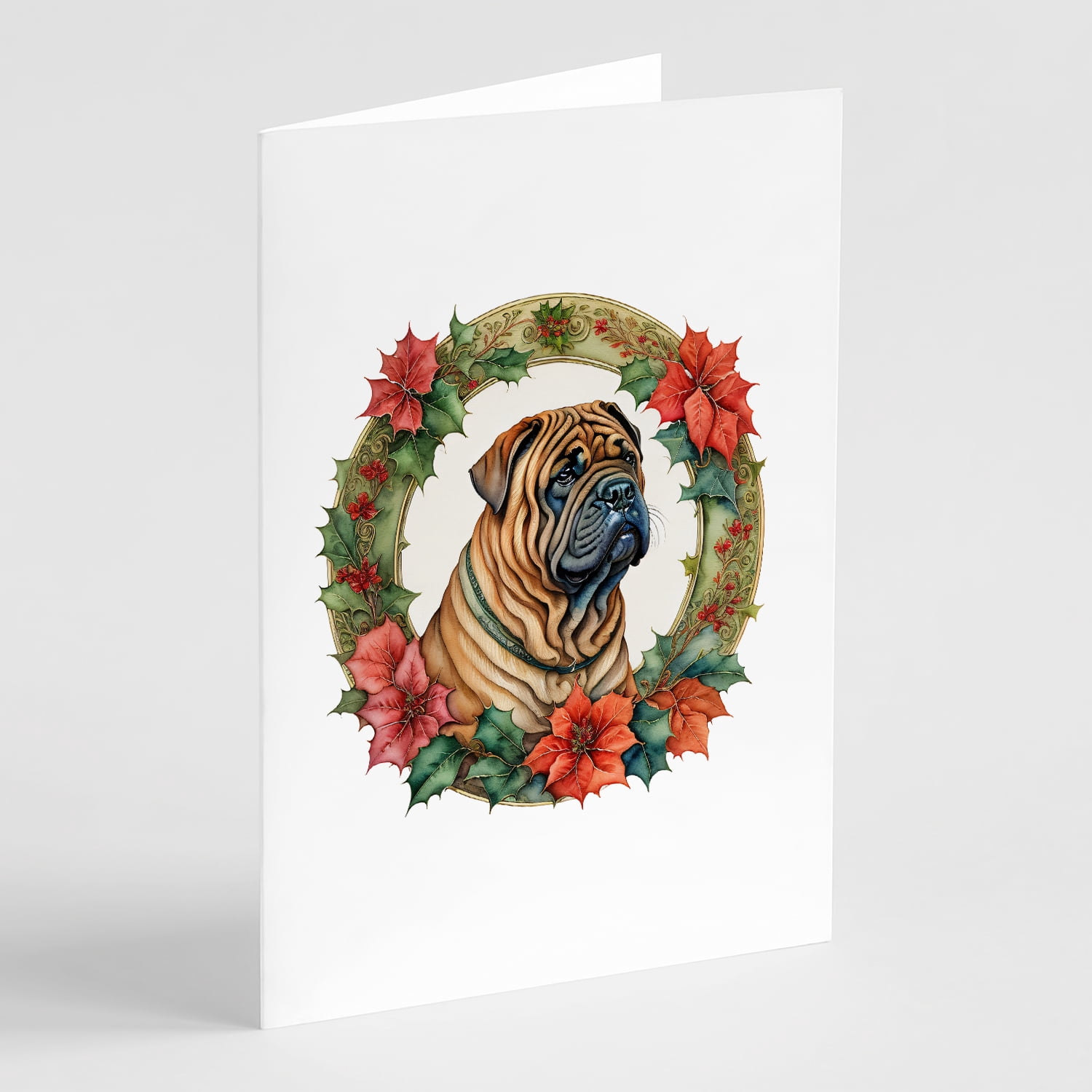 Shar Pei Christmas Flowers Greeting Cards Pack of 8 7 in x 5 in