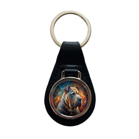 Shar Pei Dog Abstract Art Metal Black Leather Keychain