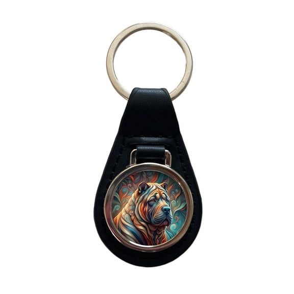 Shar Pei Dog Abstract Stylized Art Metal Black Leather Keychain