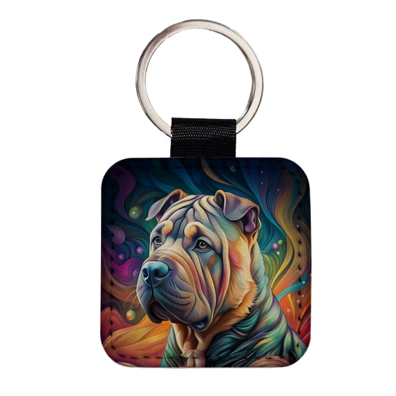 Shar Pei Dog Contemporary Art Faux Leather Square Keychain