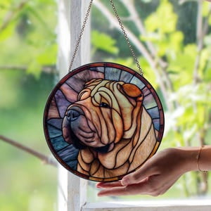 Shar Pei Dog Stained Glass Window Suncatcher | Dog Breed Lover Gift | Unique Pet Memorial Glass Art |Cozy Rustic Home Decor Gift Idea, 3.5 in