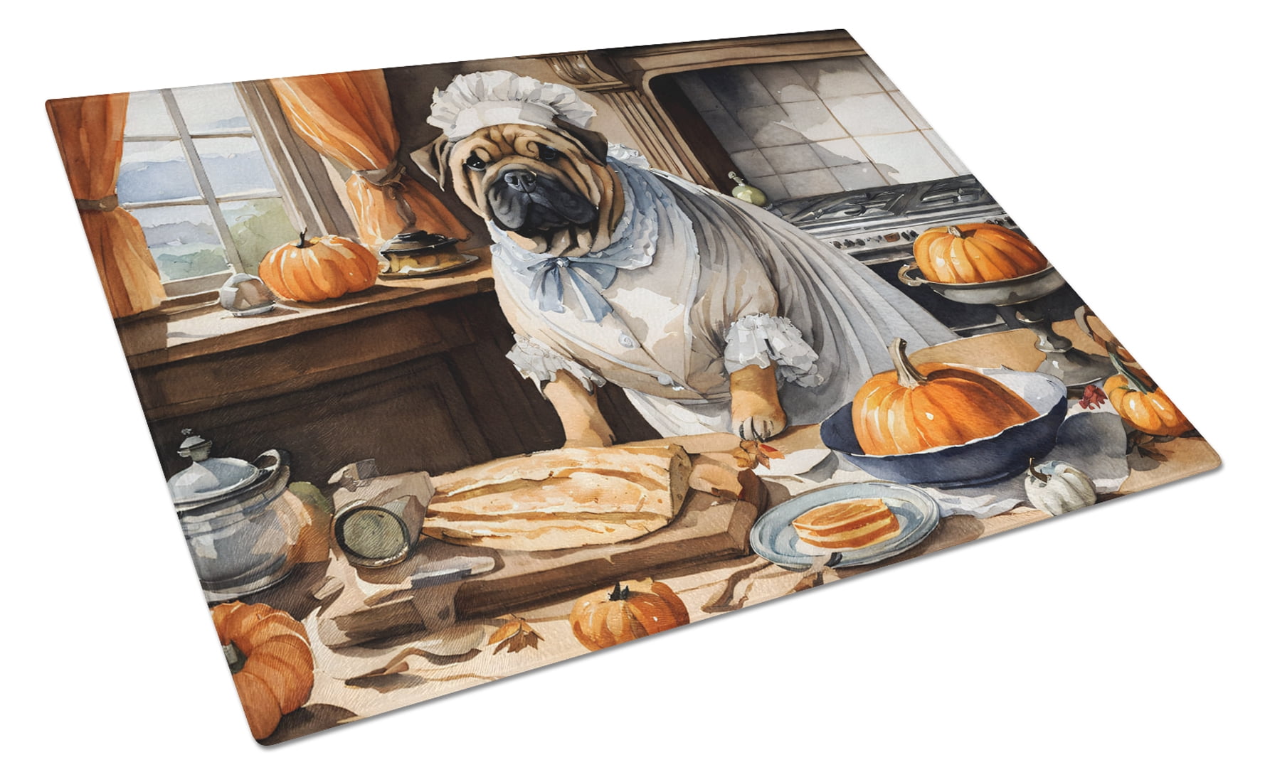 Shar Pei Fall Kitchen Pumpkins Glass Cutting Board Large 12 in x 15 in