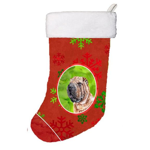 Shar Pei Red Snowflakes Holiday Christmas Stocking 11 x 8 In.