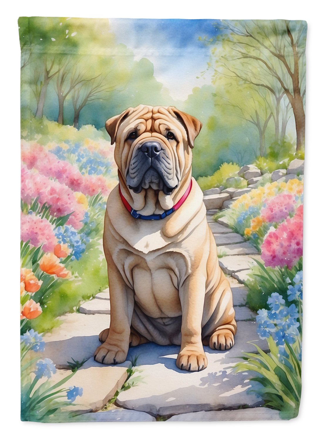 Shar Pei Spring Path House Flag 28 in x 40 in