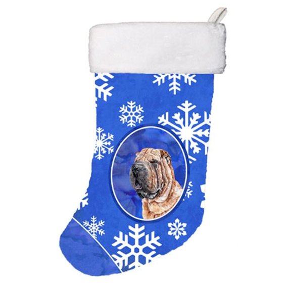 Shar Pei Winter Snowflakes Christmas Stocking- - 11 x 8 In.