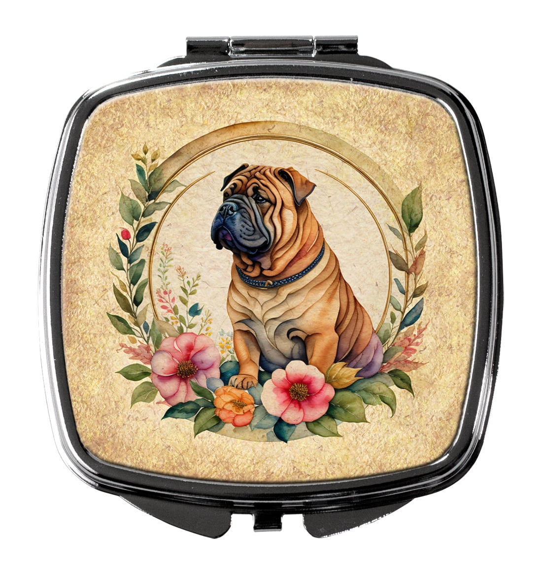 Shar Pei and Flowers Compact Mirror 2.75 in x 3 in