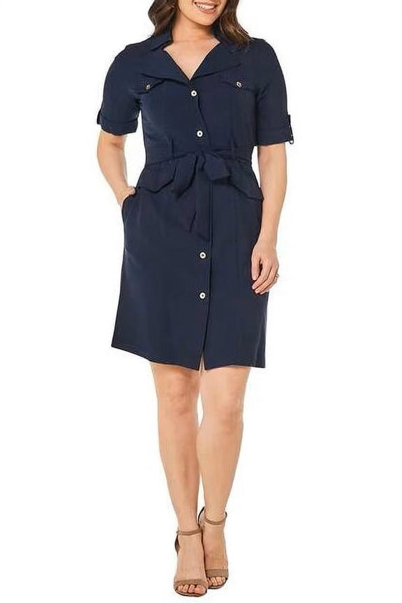 Collared Chuffed Sleeve Button Down Belt Hoop Tie Waist Rayon Dress-DEEP NAVY / 16