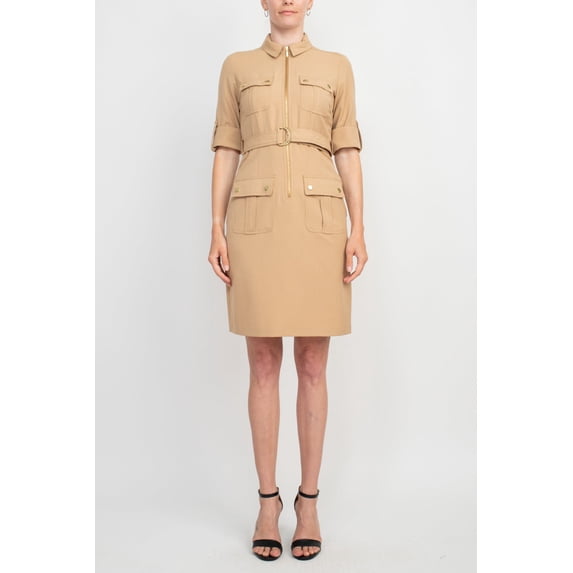 Sharagano Collared Short Sleeve Zipper Front Belted Solid Rayon Dress-TOASTY SAND / 6