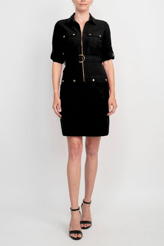 Collared Short Sleeve Zipper Front Belted Solid Rayon Dress-VERY BLACK / 4