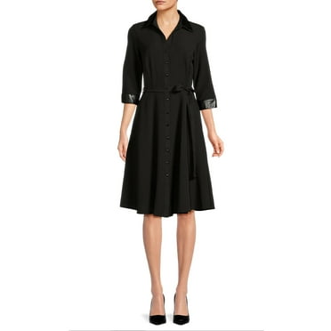 Sharagano pointed collar 3/4 sleeve button closure belted stretch crepe dress with pockets-BLACK / 4