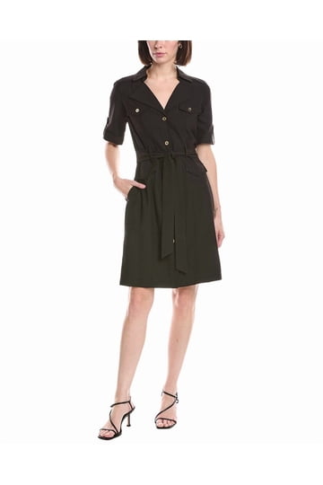 black shirtwaist dress Short-Sleeved Classic Black, Ivory / S black and grey stripe Skirting is mid SHIRTWAIST DRESS
