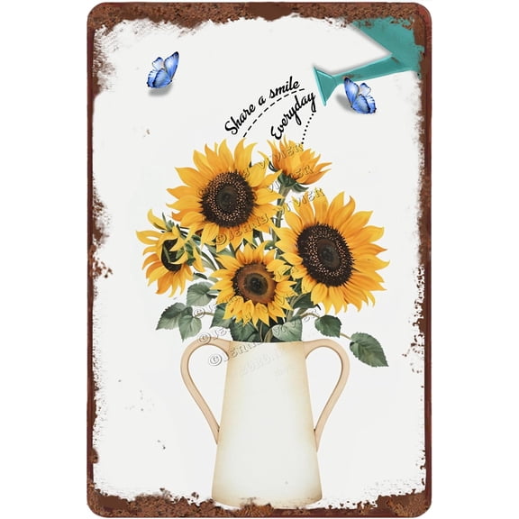 Share A Smile Every Day Sunflower Vintage Metal Sign for Bedroom Living Room, Metal Floral Wall Decor, Sunflower Gifts for Women, Inspirational Sunflower Kitchen Decors 5.5x8 Inches