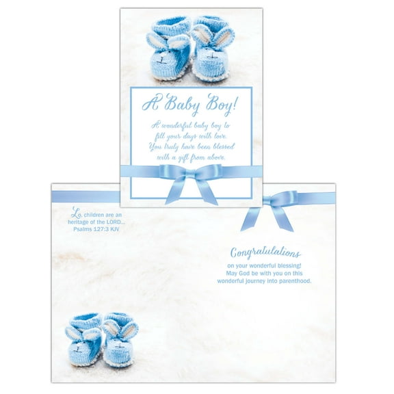 Shared Blessings Blue Baby Booties 1 Count Religious New Baby Boy Greeting Card, King James Version Scripture