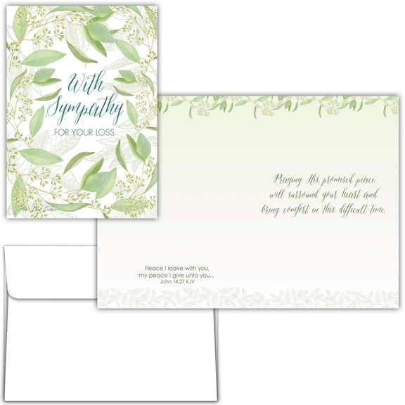 Shared Blessings KJV Religious Sympathy Card, Peaceful Greenery 5x7 Inch Floral Condolences with Envelope