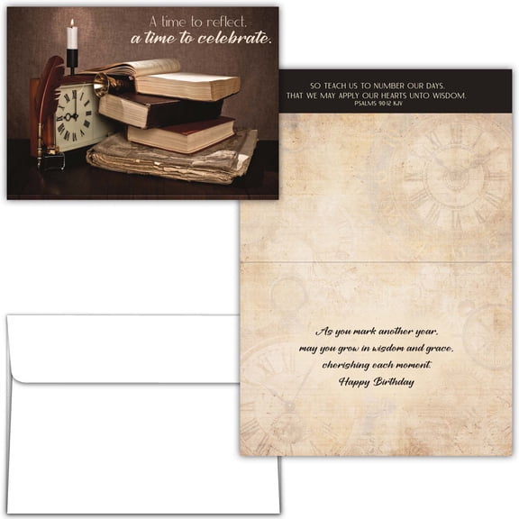 Shared Blessings Religious Birthday Card for Men, Vintage Books & Clock Design, KJV Scripture with Envelope