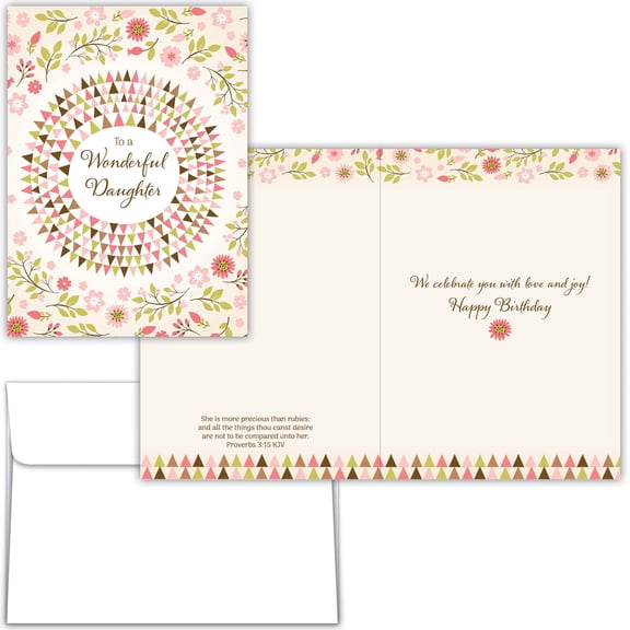 Shared Blessings Religious Daughter Birthday Card, Floral Geometric Design, KJV Scripture with Envelope