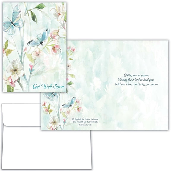 Shared Blessings Religious Get Well Soon Card with KJV Scripture, Watercolor Butterfly Floral Design, Encouragement Greetings for Women