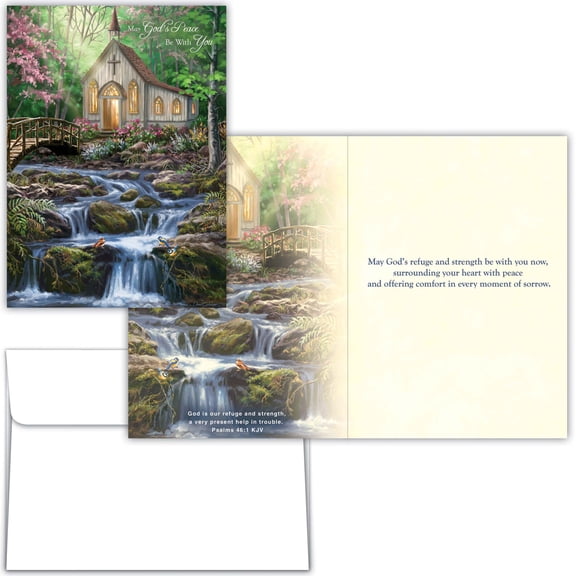 Shared Blessings Religious Sympathy Card, Church Stream Scene, KJV Scripture Message with Envelope, Prayerful Condolence Keepsake
